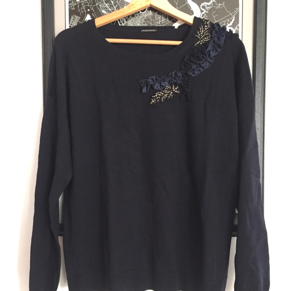 Elie Tahari navy embellished merino wool sweater